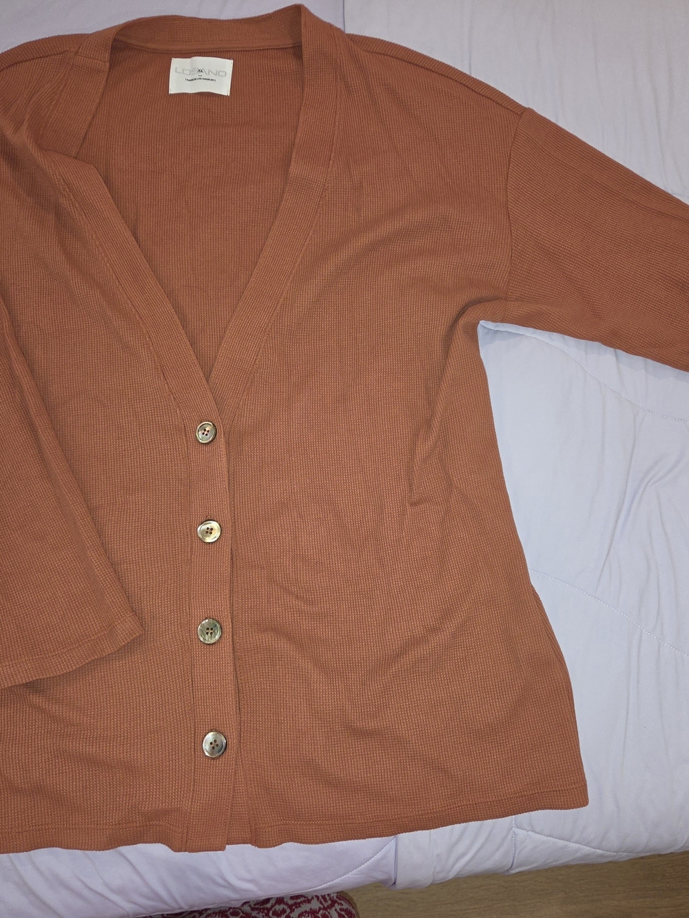 Lightweight Waffle Organic Cotton Button-Front Cardigan in Rust